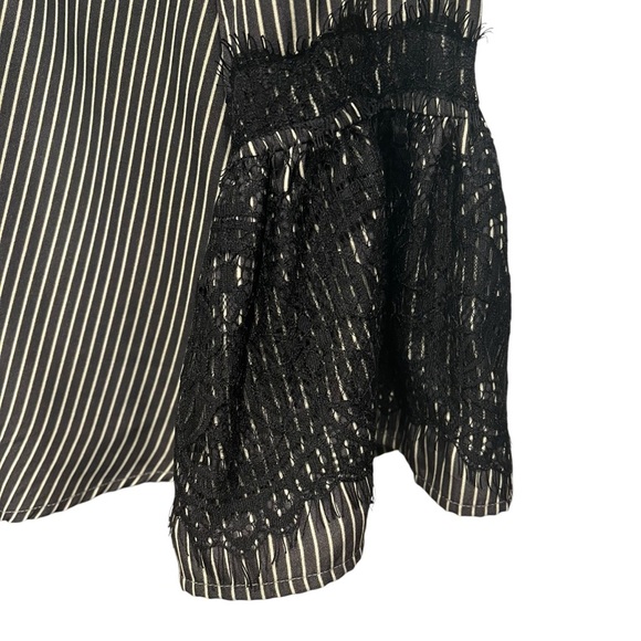 THML Blouse Womens Medium Black White Strip Lace 3/4 Sleeve Velvet Back Tie - Picture 7 of 16
